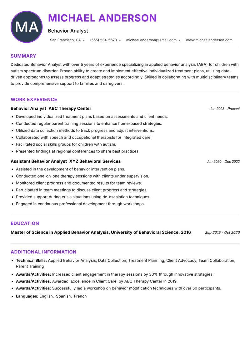 Behavior Analyst Resume Preview Example