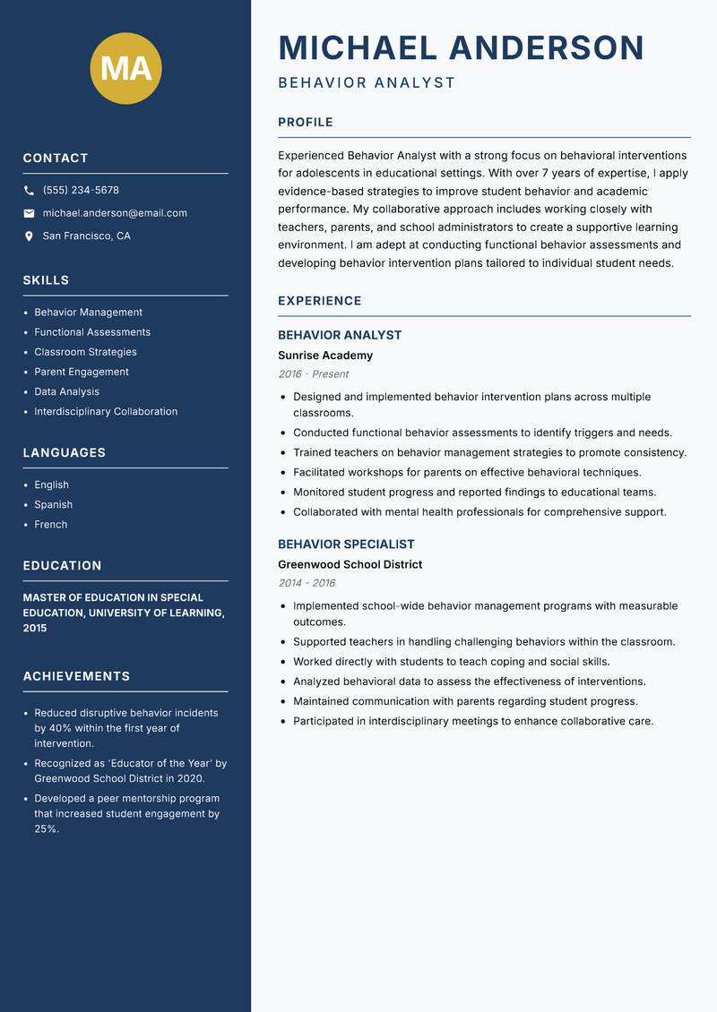 Behavior Analyst Resume Preview Example