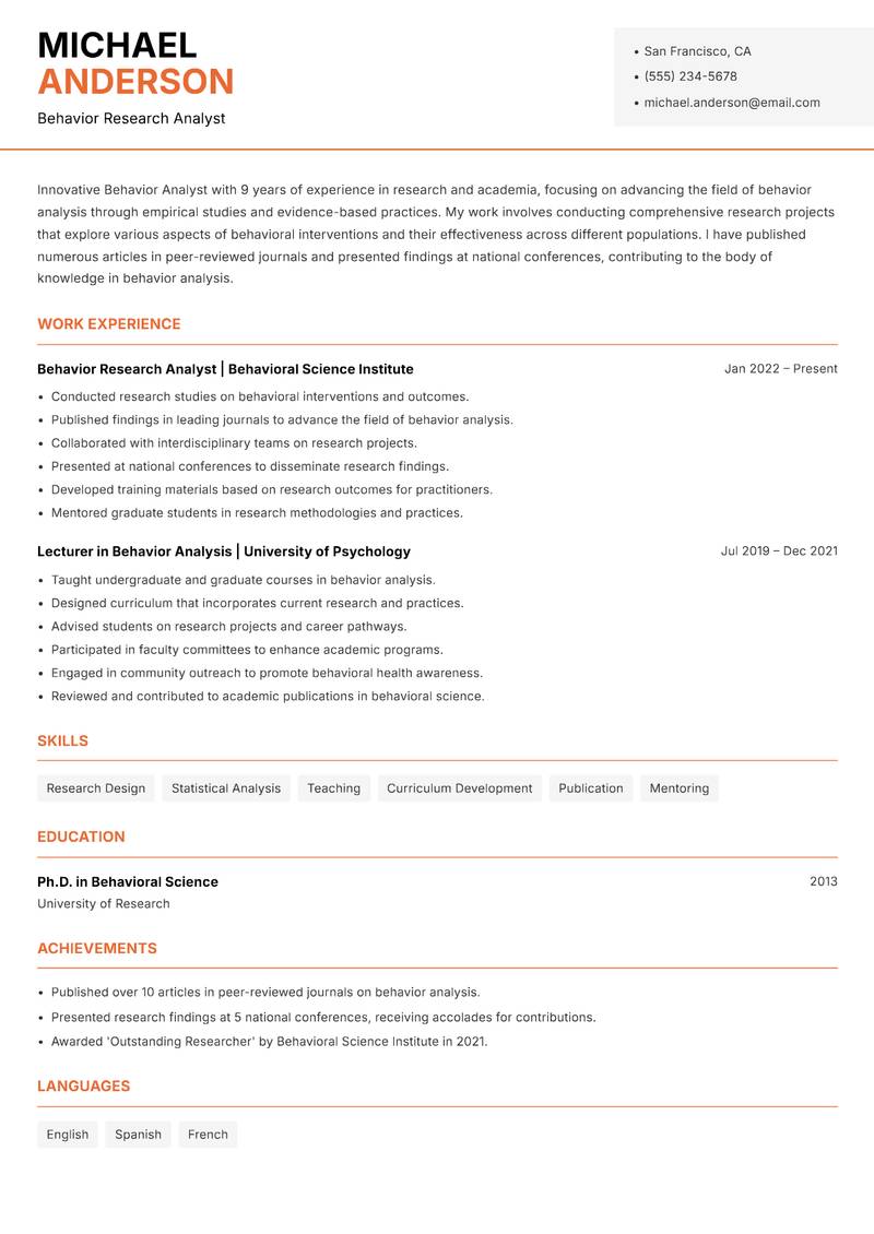 Behavior Analyst Resume Template