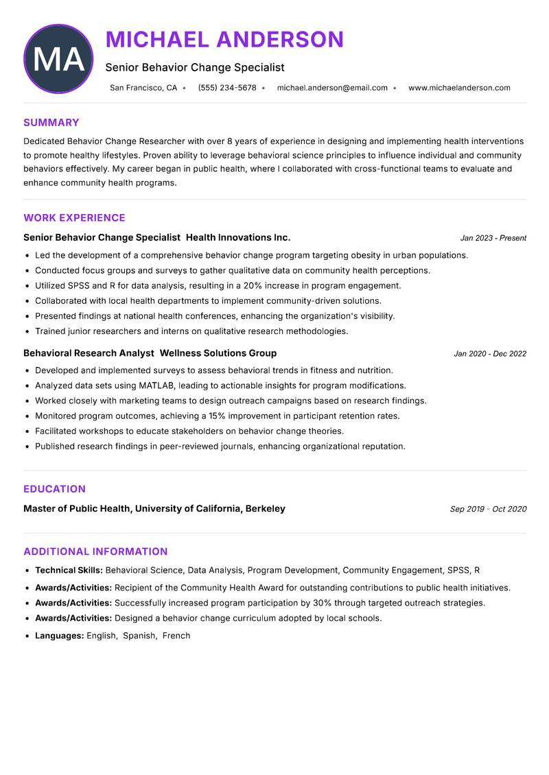 Behavior Change Researcher Resume Preview Example