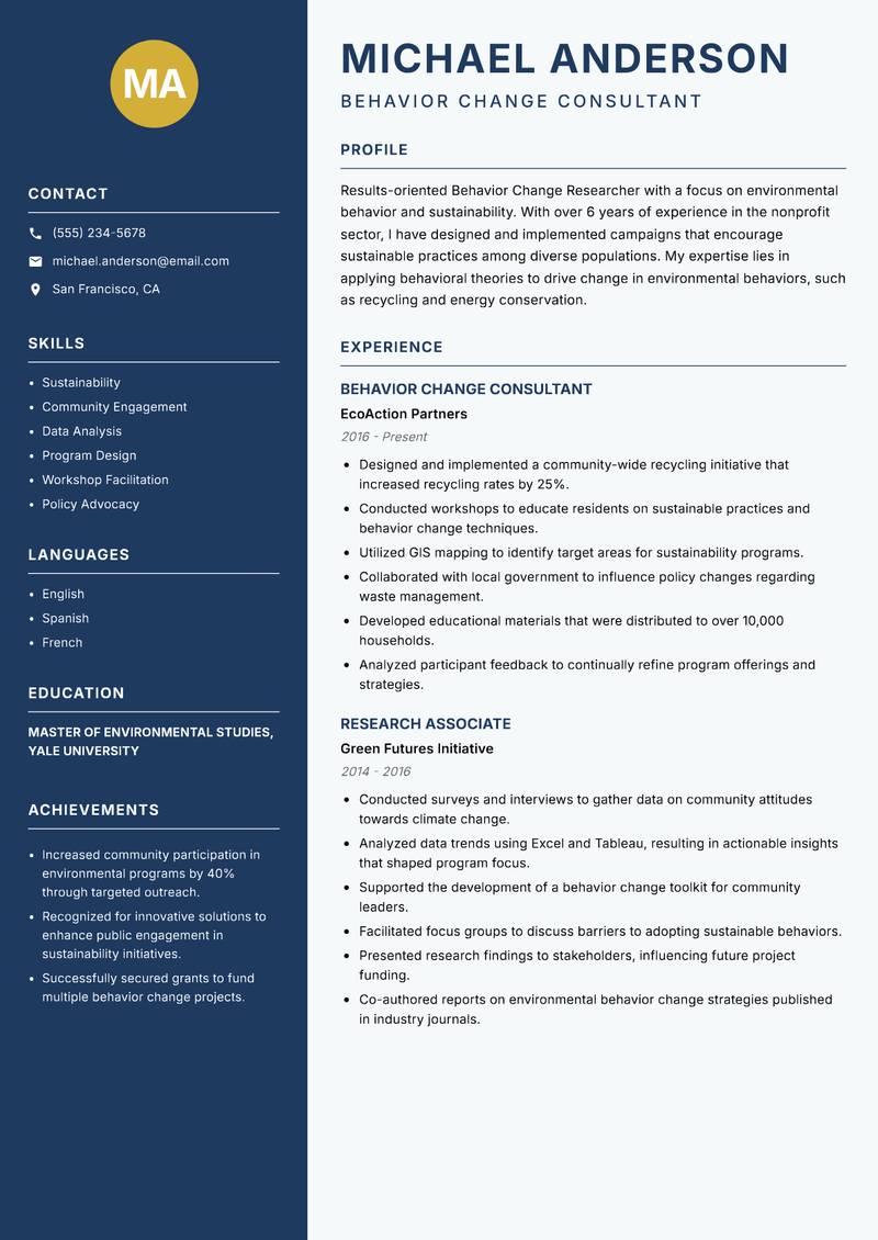 Behavior Change Researcher Resume Preview Example
