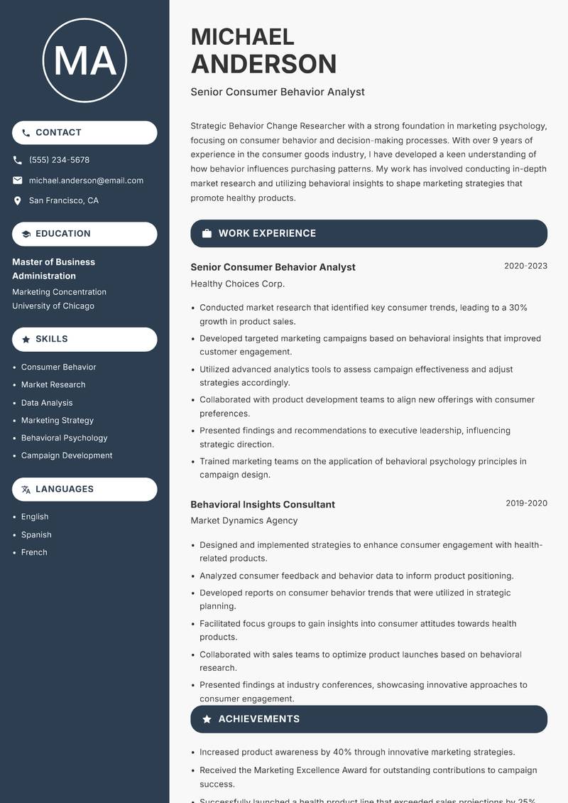 Behavior Change Researcher Resume Preview Example