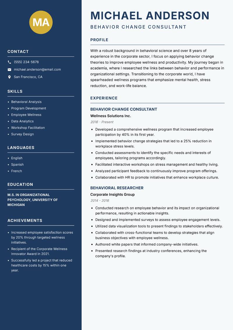 Behavior Change Scientist Resume Preview Example