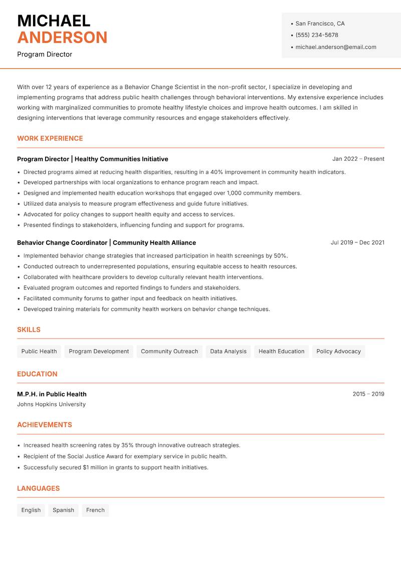 Behavior Change Scientist Resume Template
