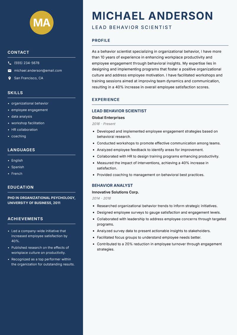 Behavior Scientist Resume Preview Example