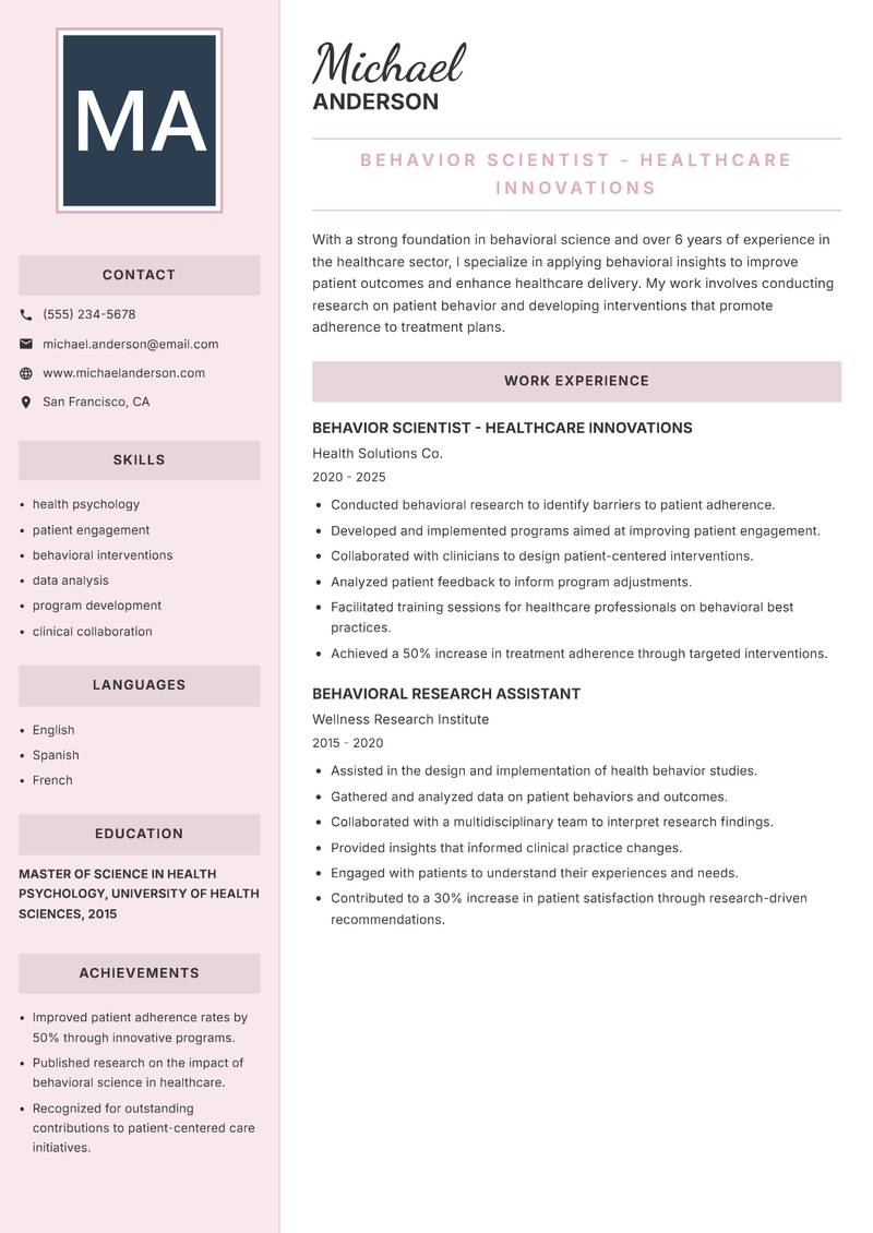 Behavior Scientist Resume Preview Example