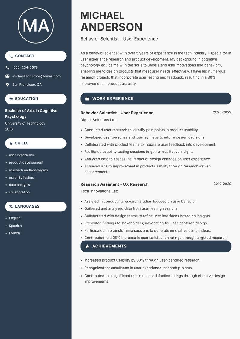 Behavior Scientist Resume Preview Example