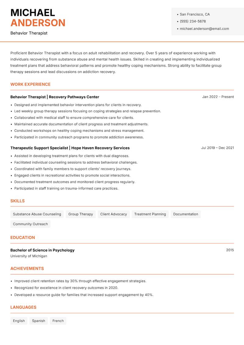 Behavior Therapist Resume Template
