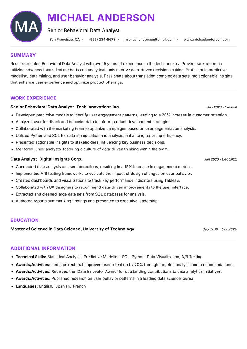 Behavioral Data Analyst Resume Preview Example