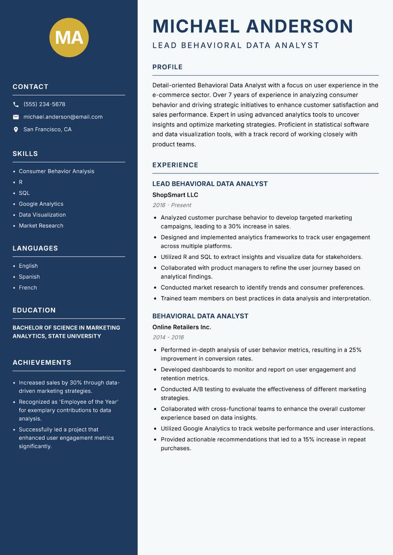 Behavioral Data Analyst Resume Preview Example