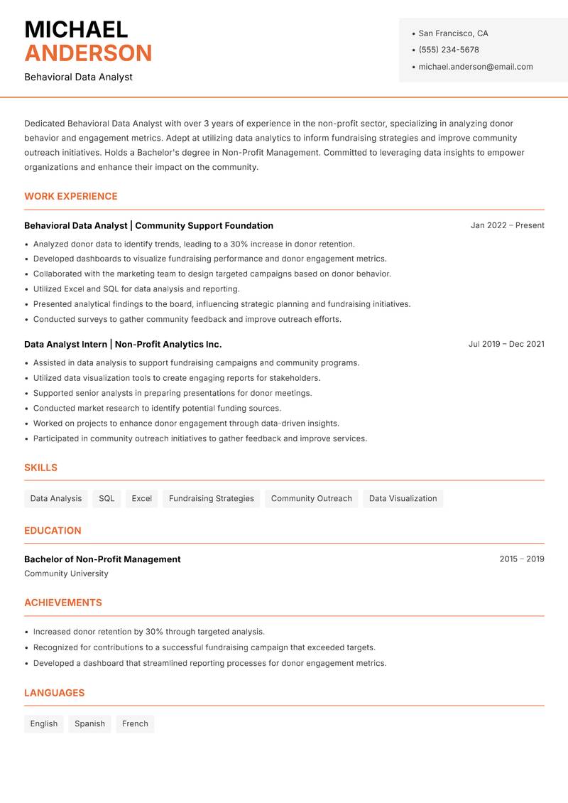 Behavioral Data Analyst Resume Template