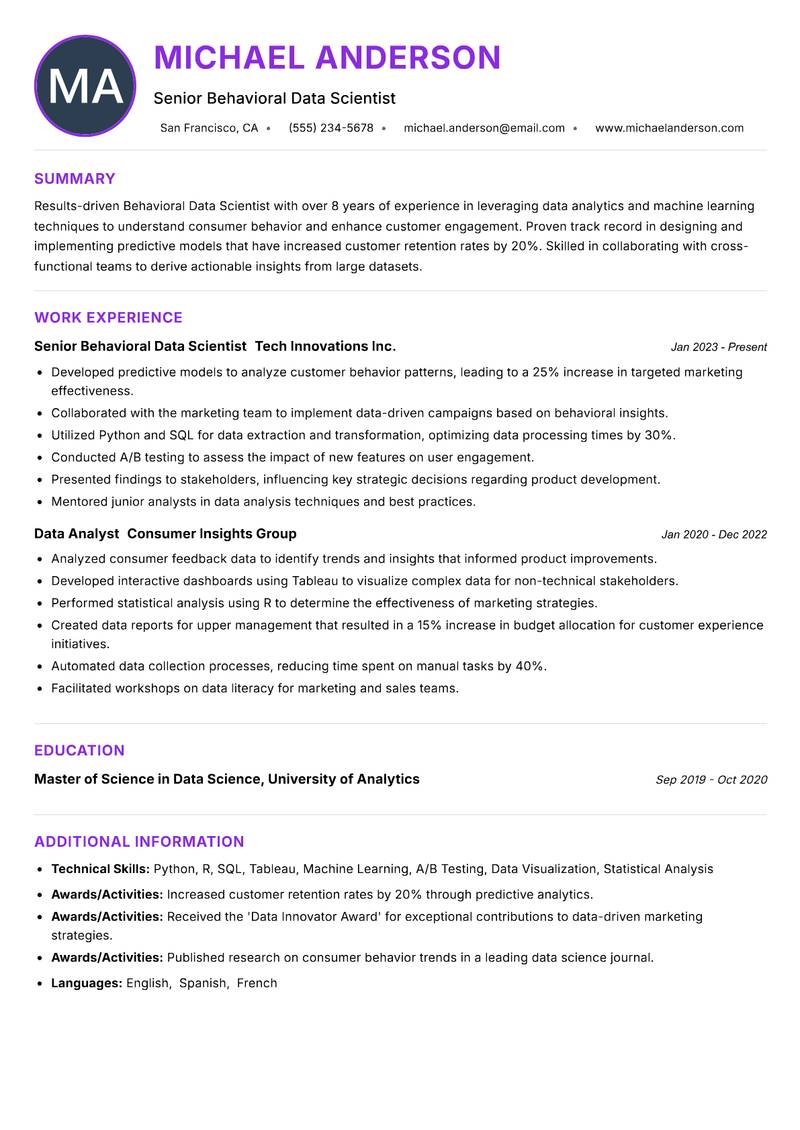 Behavioral Data Scientist Resume Preview Example