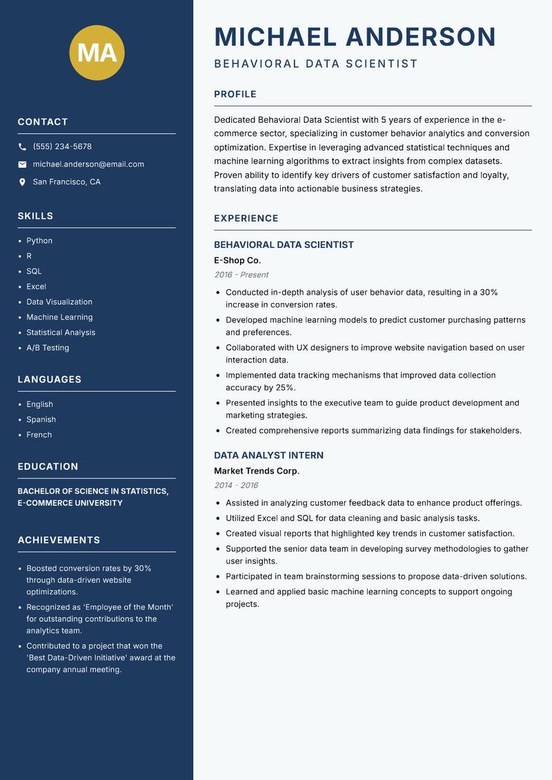 Behavioral Data Scientist Resume Preview Example