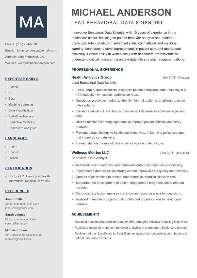 Behavioral Data Scientist Resume Preview Example