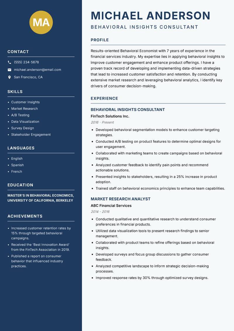 Behavioral Economist Resume Preview Example