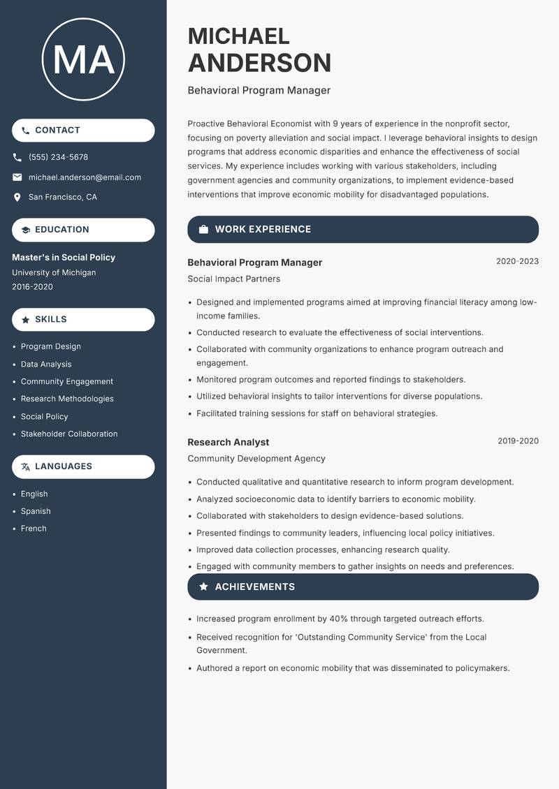 Behavioral Economist Resume Preview Example