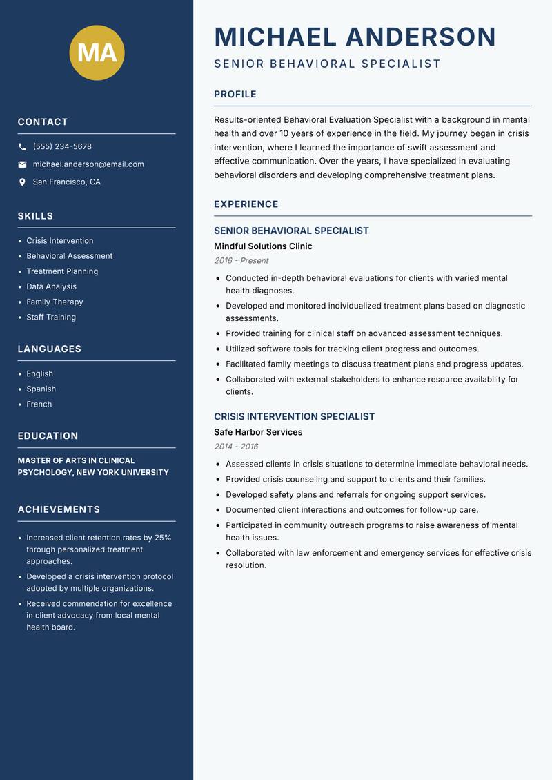 Behavioral Evaluation Specialist Resume Preview Example