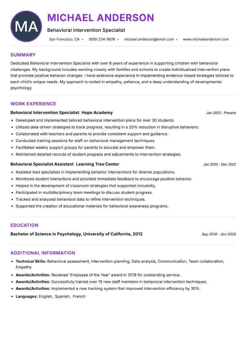 Behavioral Intervention Specialist Resume Preview Example