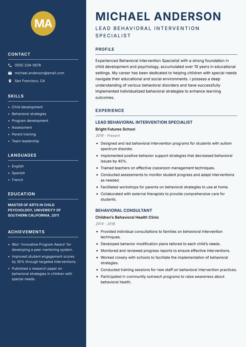 Behavioral Intervention Specialist Resume Preview Example