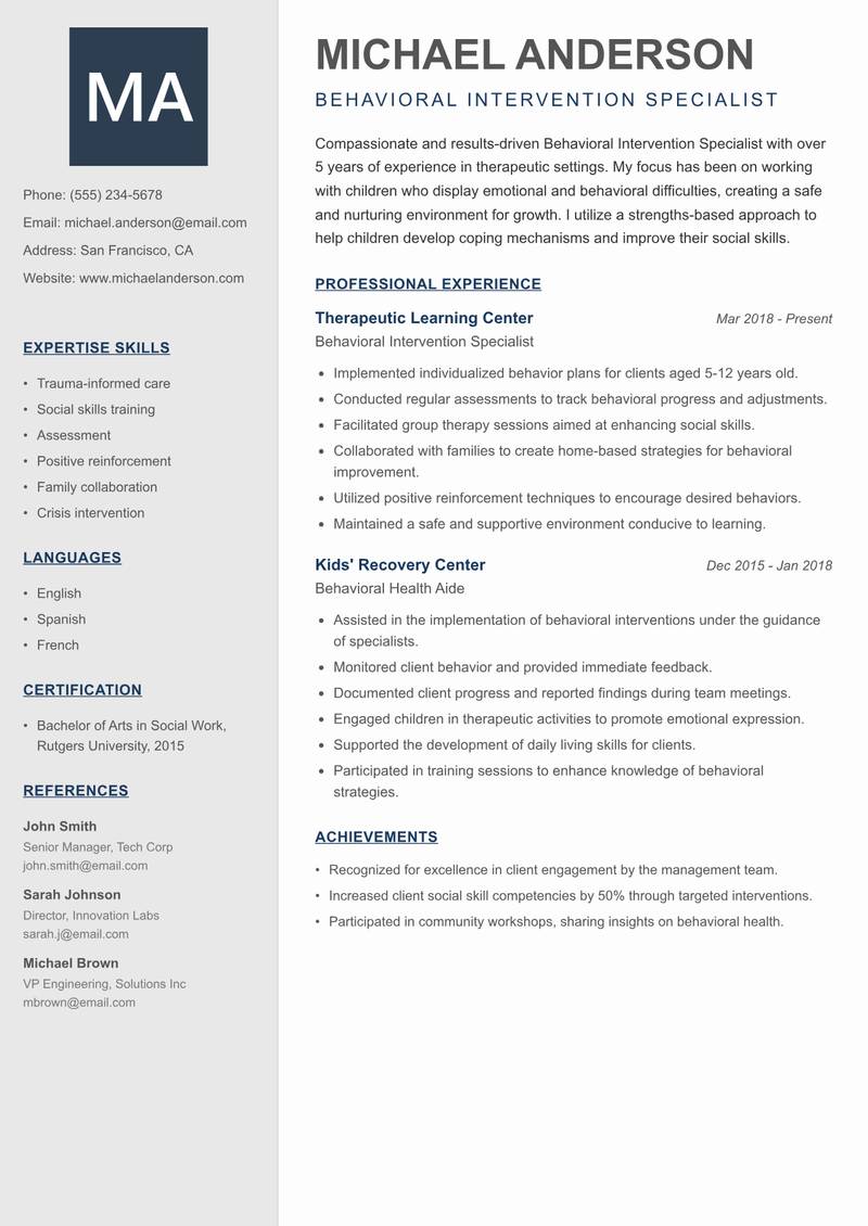 Behavioral Intervention Specialist Resume Preview Example