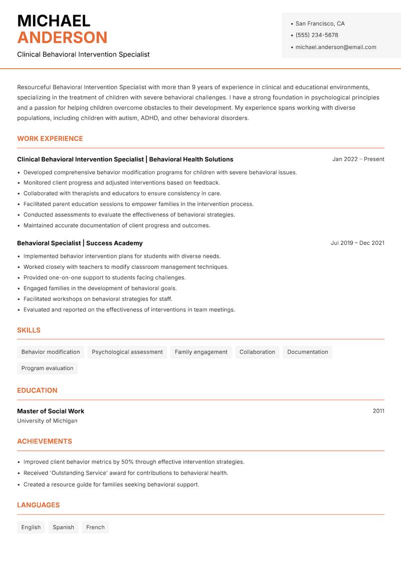 Behavioral Intervention Specialist Resume Template