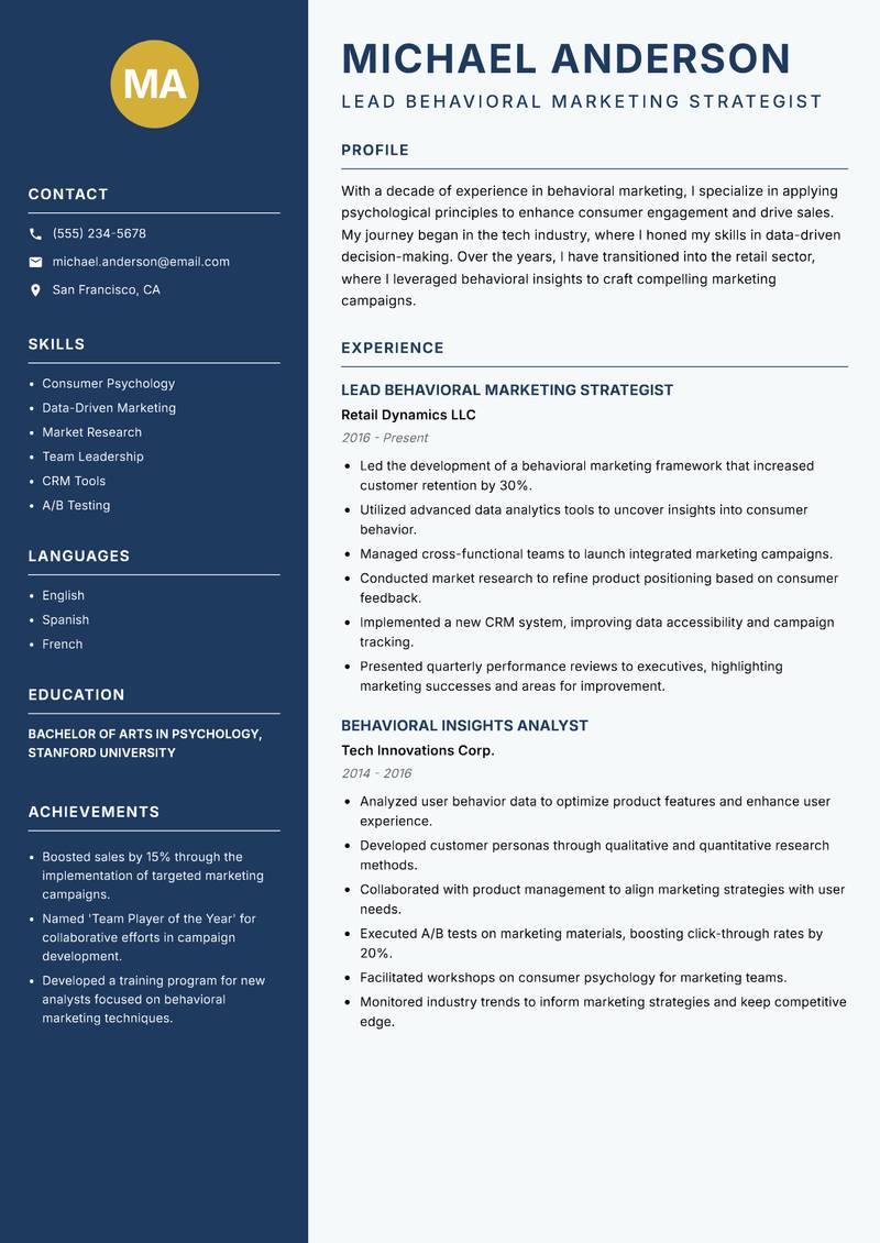 Behavioral Marketing Scientist Resume Preview Example