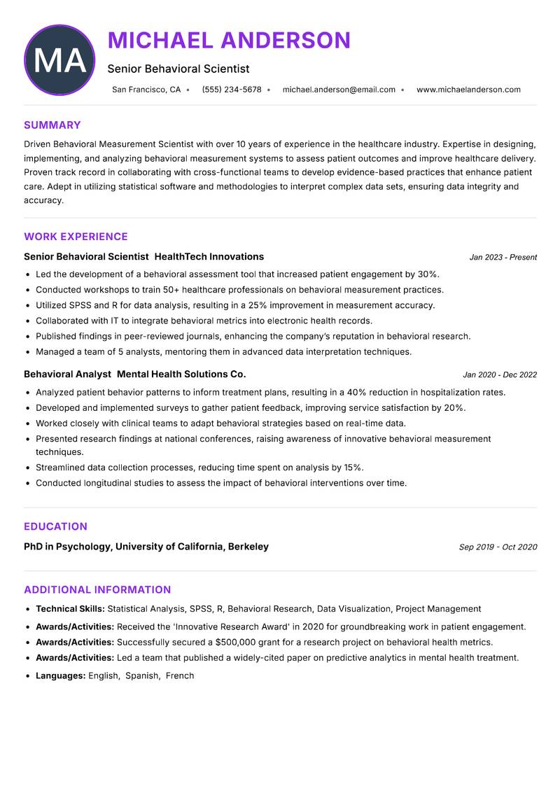 Behavioral Measurement Scientist Resume Preview Example