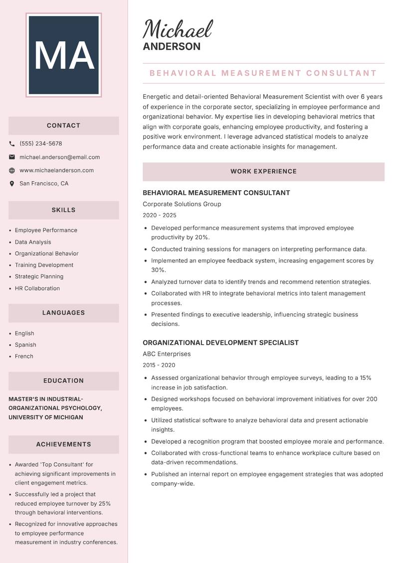 Behavioral Measurement Scientist Resume Preview Example