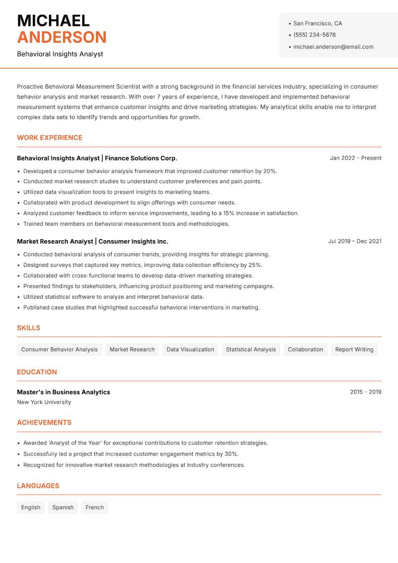 Behavioral Measurement Scientist Resume Template