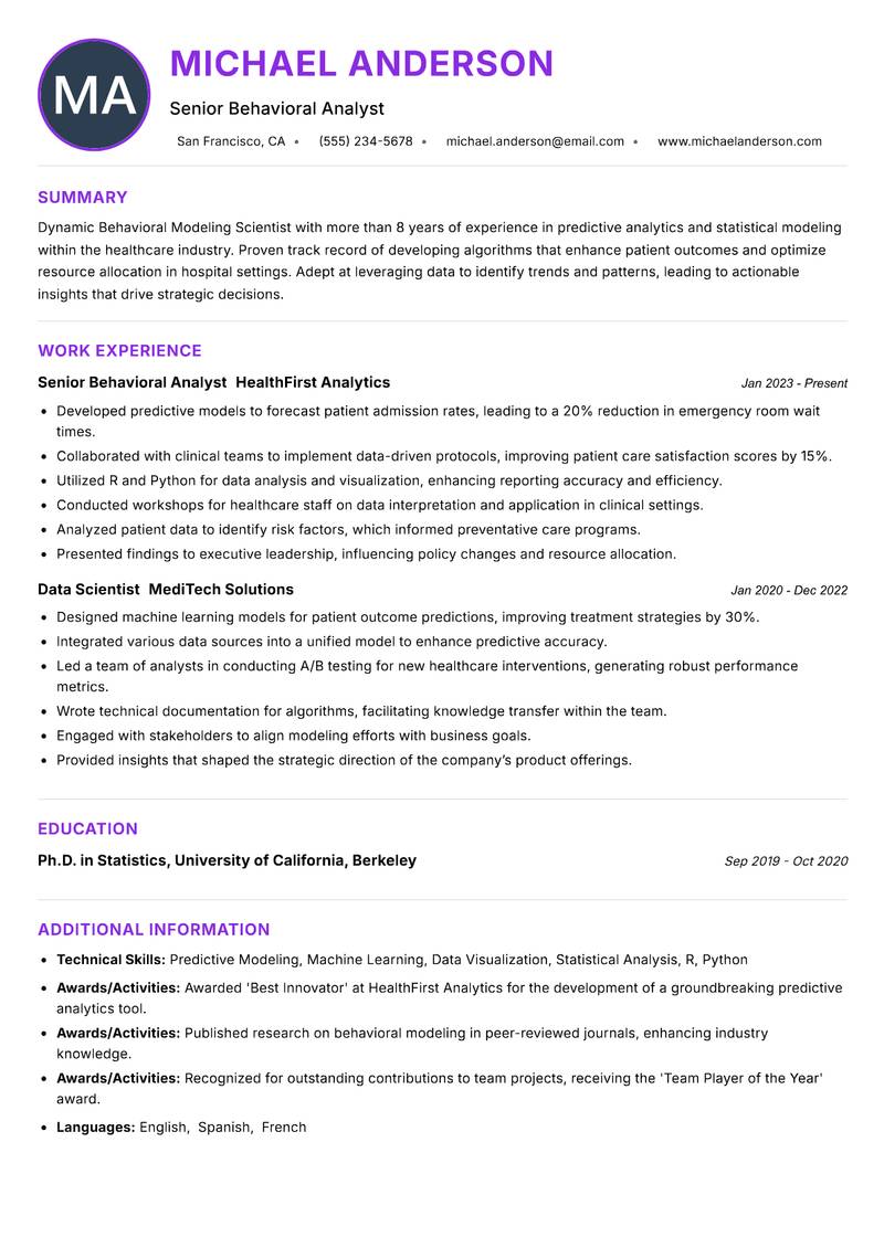 Behavioral Modeling Scientist Resume Preview Example