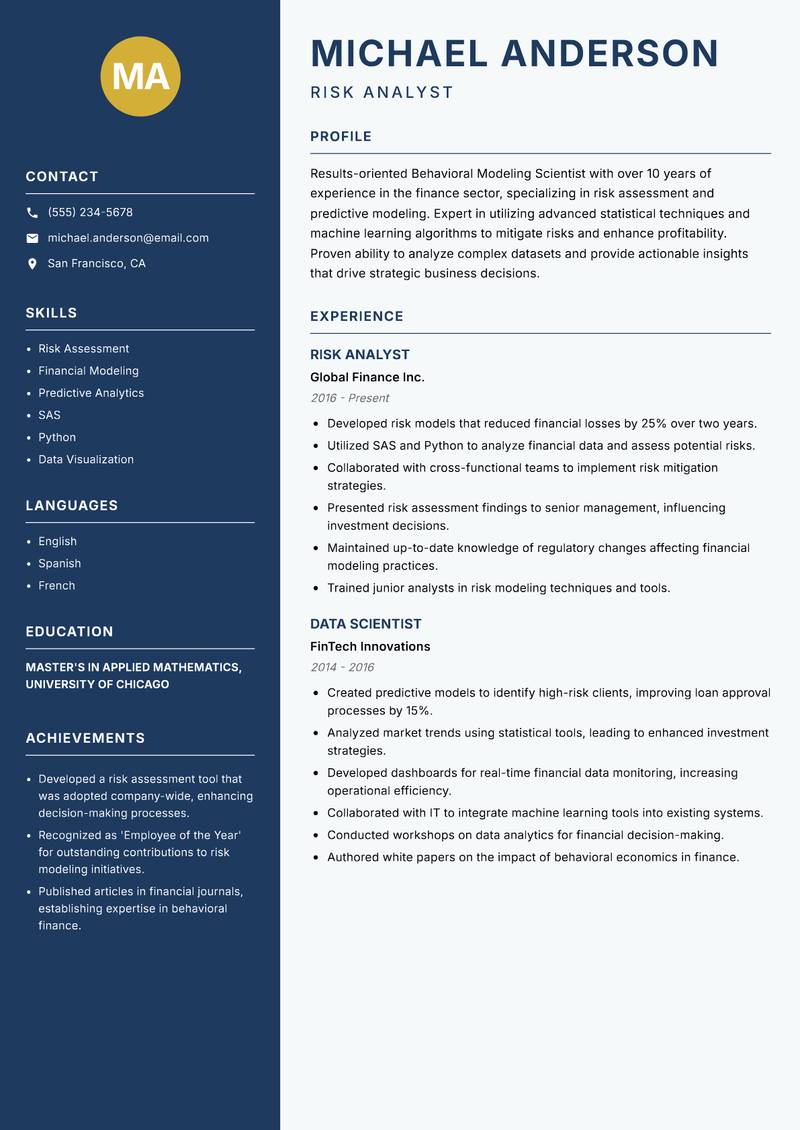 Behavioral Modeling Scientist Resume Preview Example