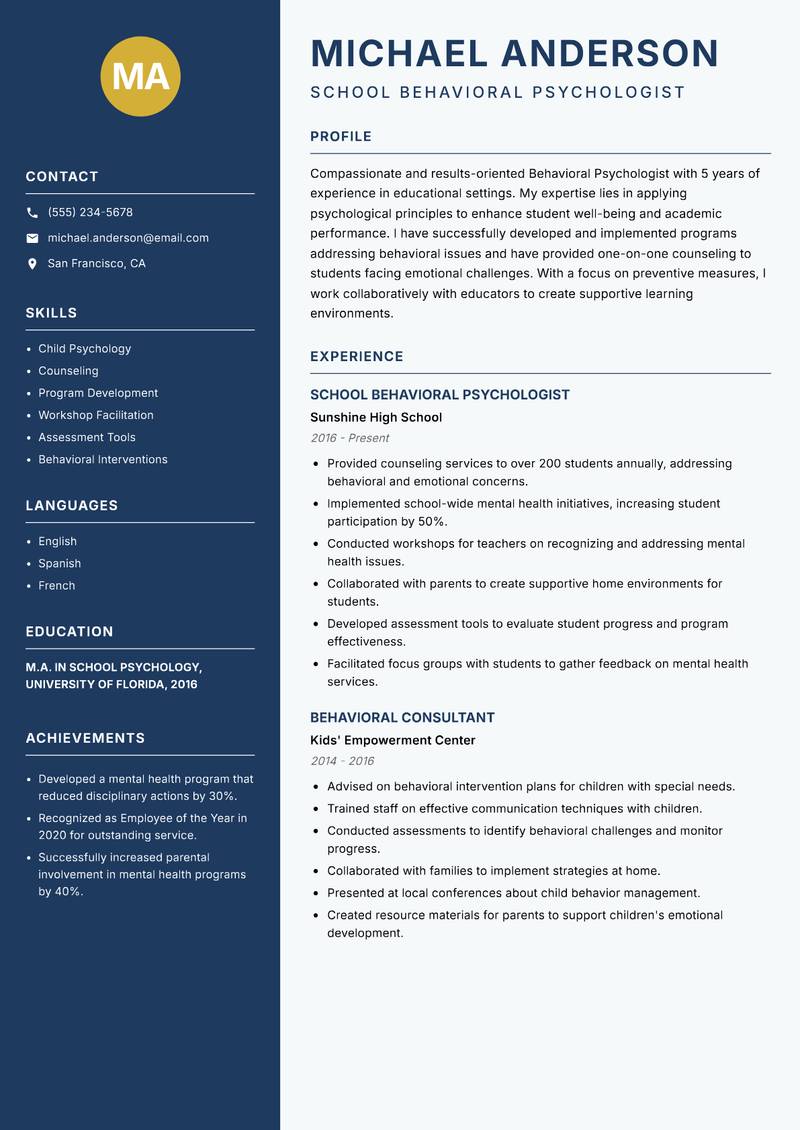 Behavioral Psychologist Resume Preview Example