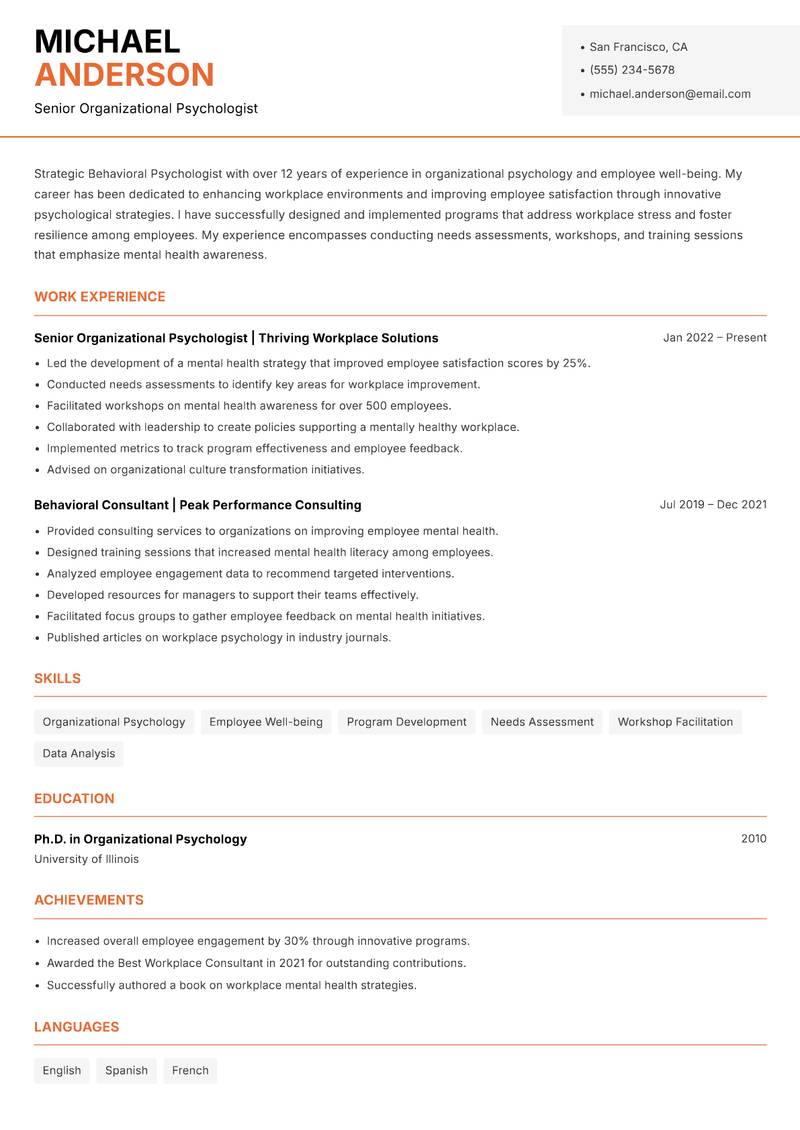 Behavioral Psychologist Resume Template