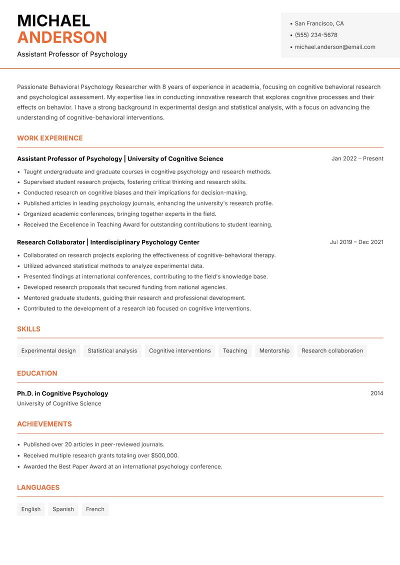Behavioral Psychology Researcher Resume Template