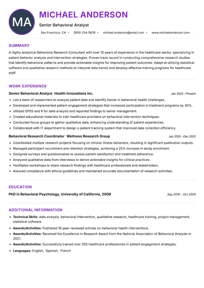 Behavioral Research Consultant Resume Preview Example