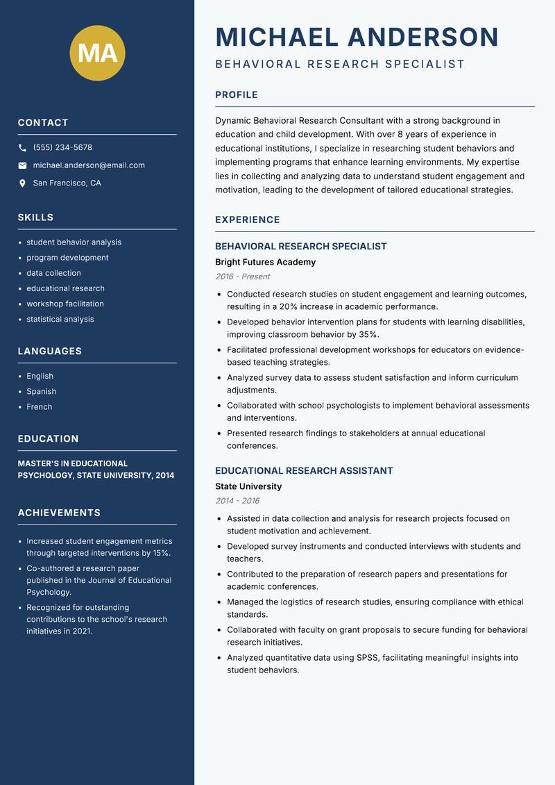 Behavioral Research Consultant Resume Preview Example