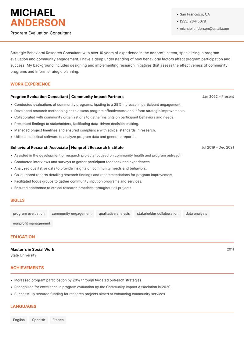 Behavioral Research Consultant Resume Template