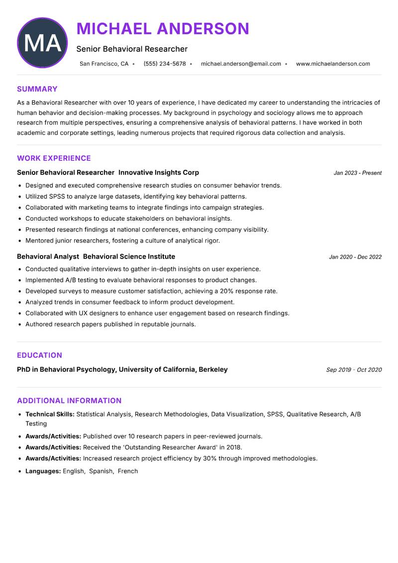 Behavioral Researcher Resume Preview Example