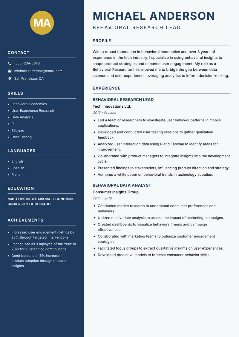 Behavioral Researcher Resume Preview Example