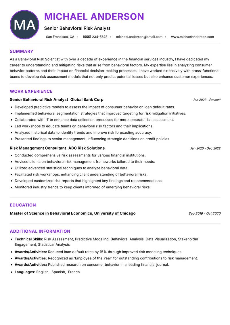 Behavioral Risk Scientist Resume Preview Example