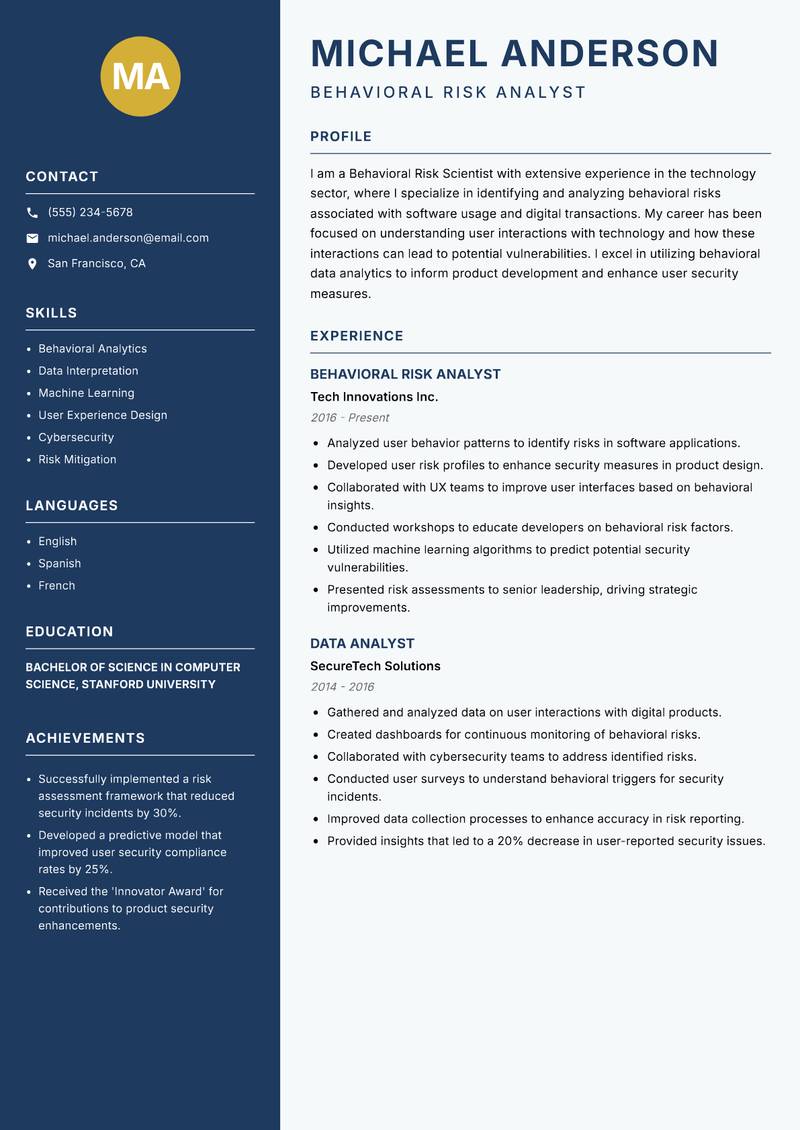 Behavioral Risk Scientist Resume Preview Example