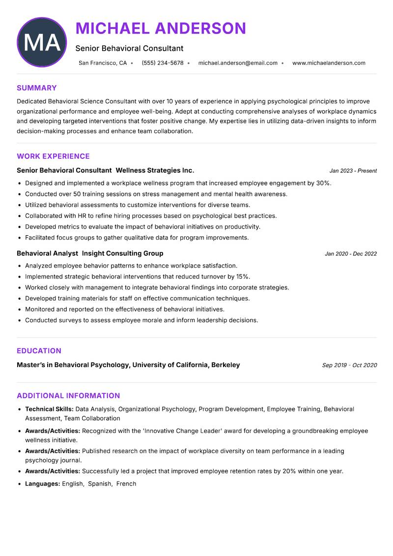 Behavioral Science Consultant Resume Preview Example
