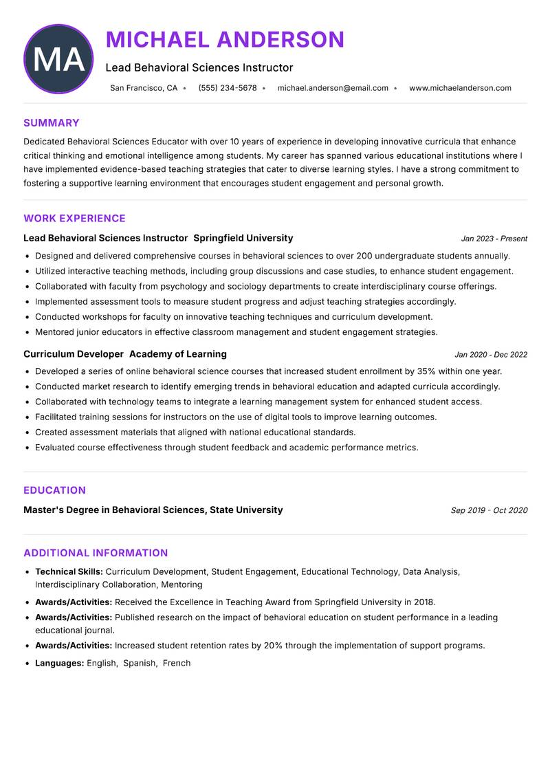 Behavioral Sciences Educator Resume Preview Example