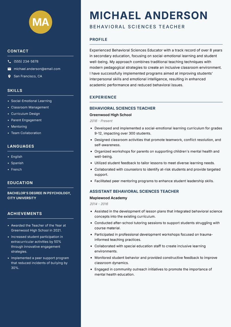 Behavioral Sciences Educator Resume Preview Example