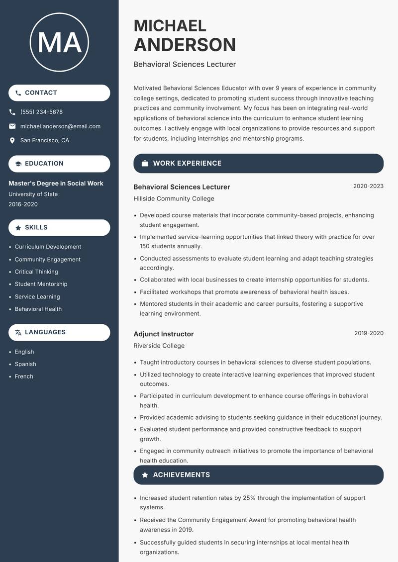Behavioral Sciences Educator Resume Preview Example