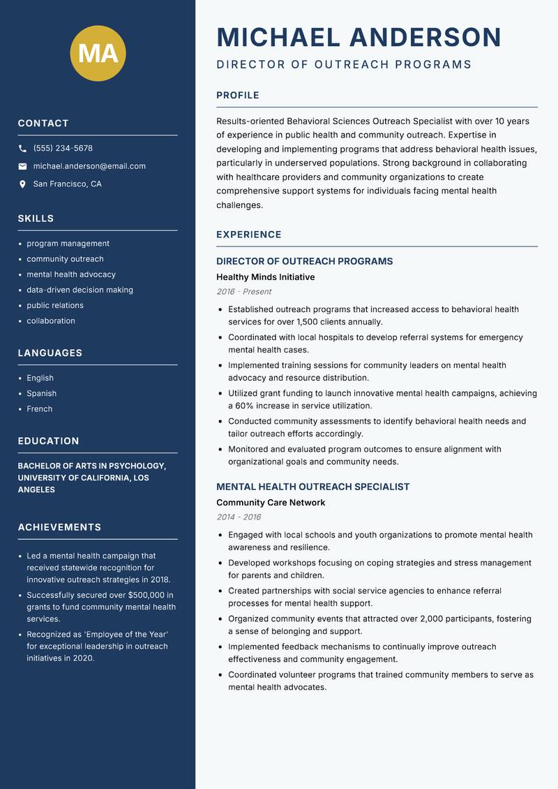 Behavioral Sciences Outreach Specialist Resume Preview Example