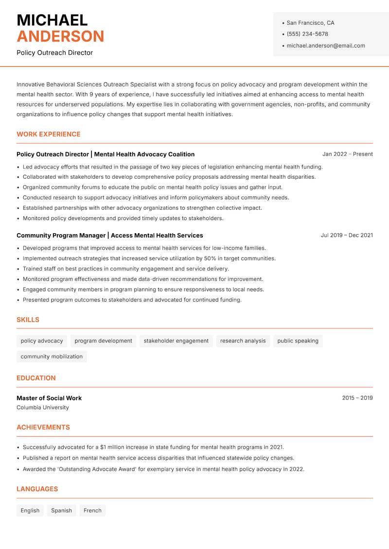 Behavioral Sciences Outreach Specialist Resume Template