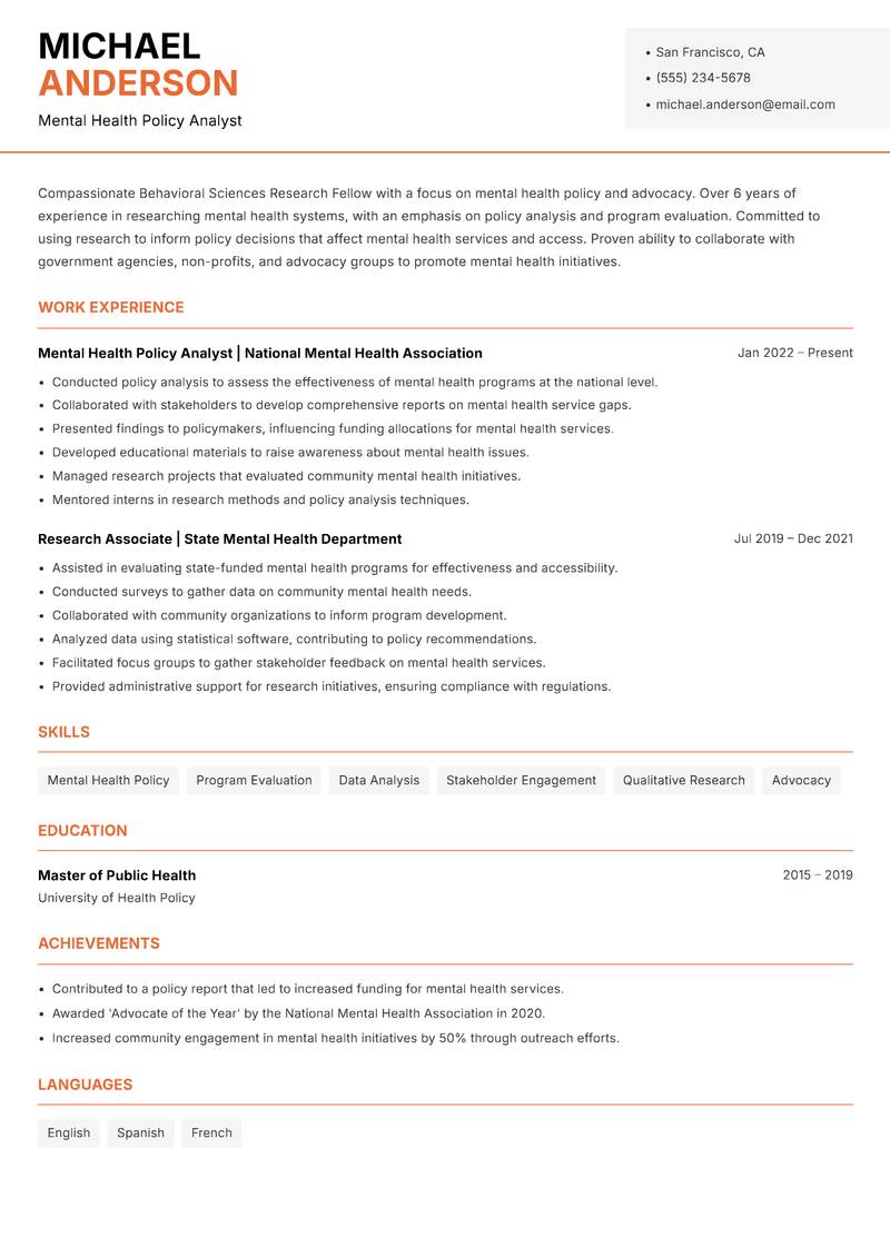 Behavioral Sciences Research Fellow Resume Template