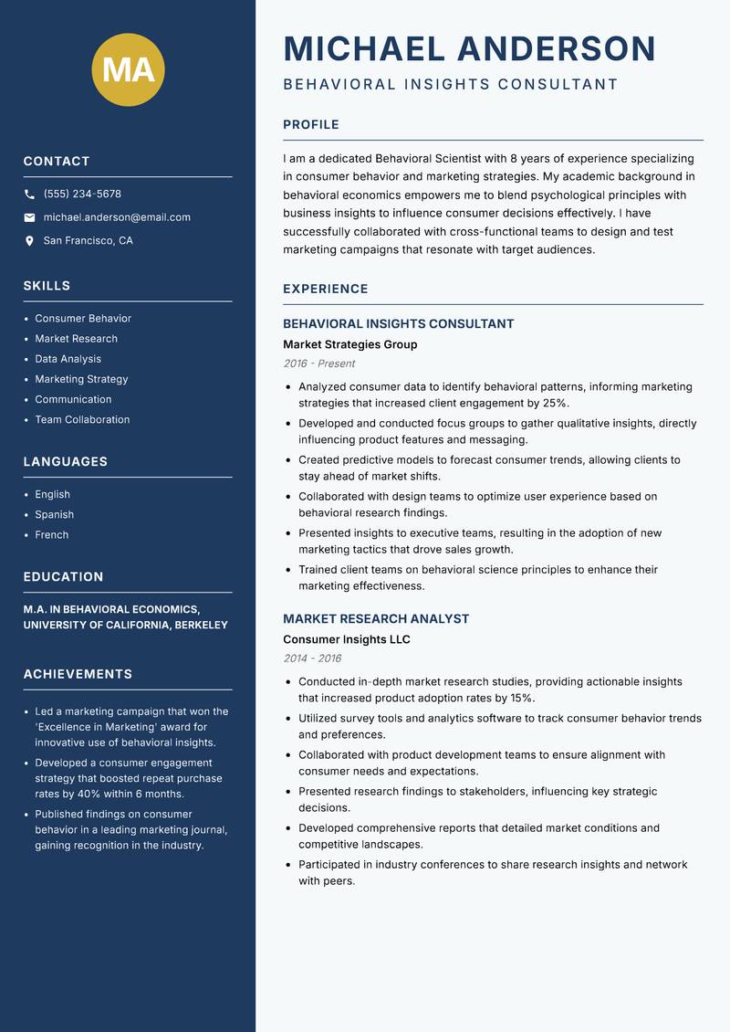 Behavioral Scientist Resume Preview Example
