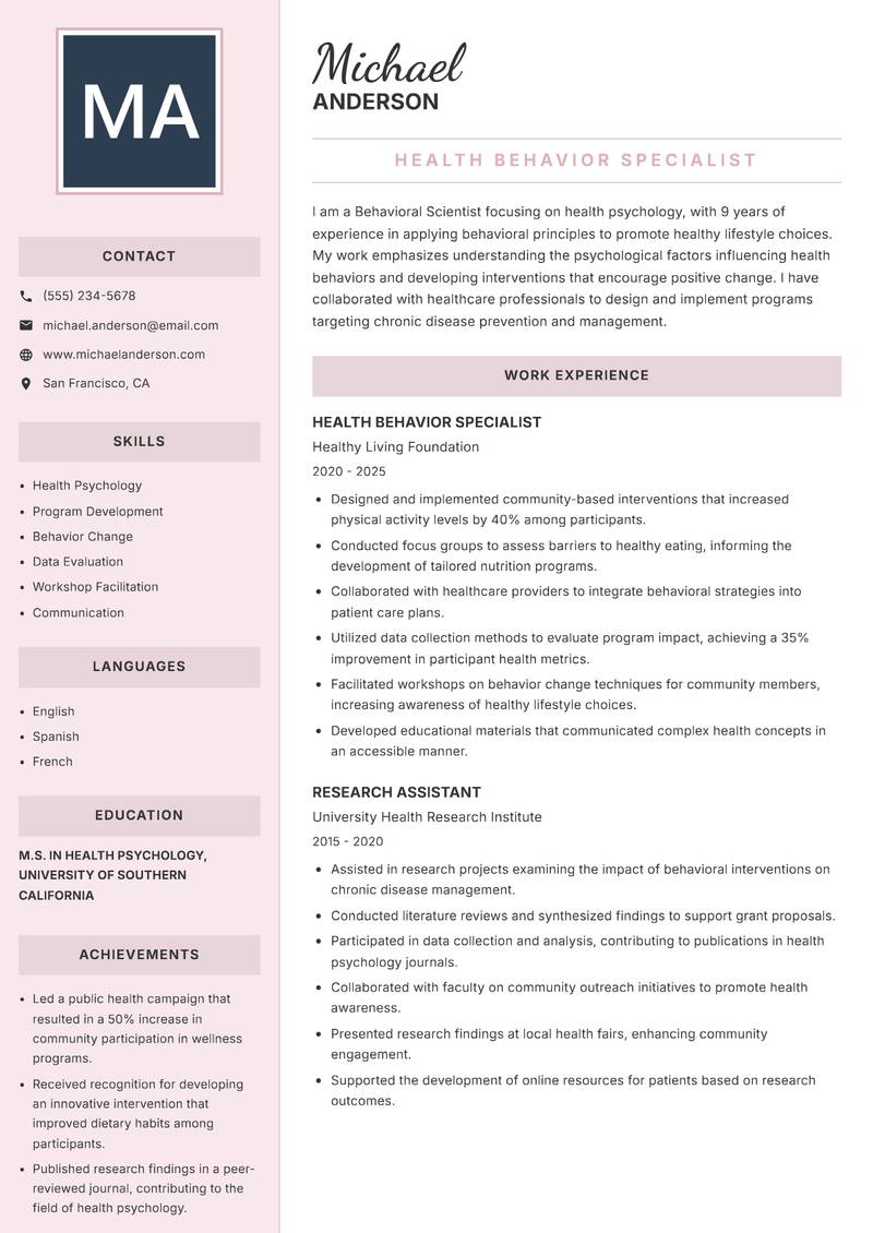 Behavioral Scientist Resume Preview Example